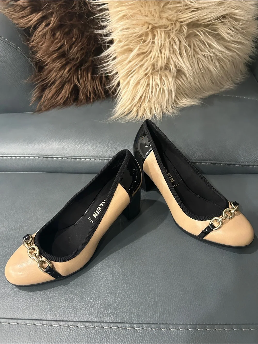 Anne Klein Flex Tan and Black Block Shiny Heels Pumps with Chain Accent